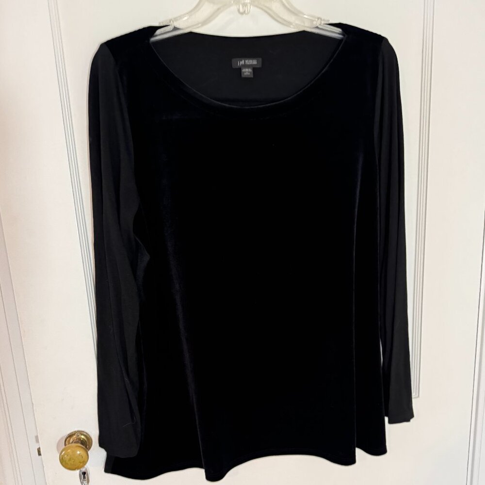 Plush black velveteen/poly long-sleeved scoopneck top from J. Jill, size PL